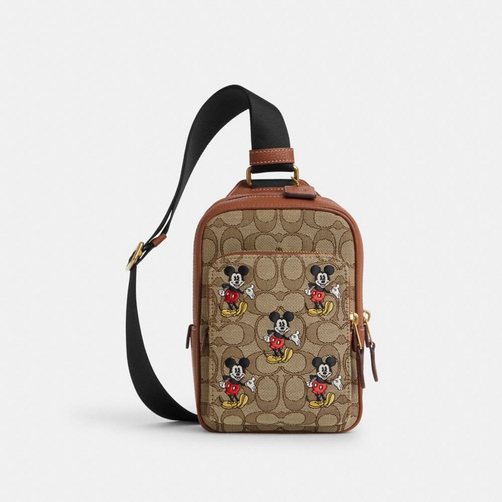 COACH CM721 Disney X Coach Track Pack 14 In Signature Jacquard With Mickey Mouse Print Brass/Khaki Multi