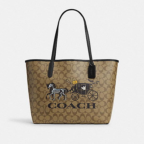 COACH CM756 City Tote In Signature Canvas With Halloween Horse And Carriage Black-Copper/Khaki-Black-Multi