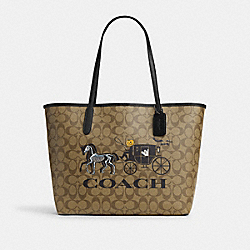 COACH CM756 City Tote In Signature Canvas With Halloween Horse And Carriage BLACK COPPER/KHAKI BLACK MULTI