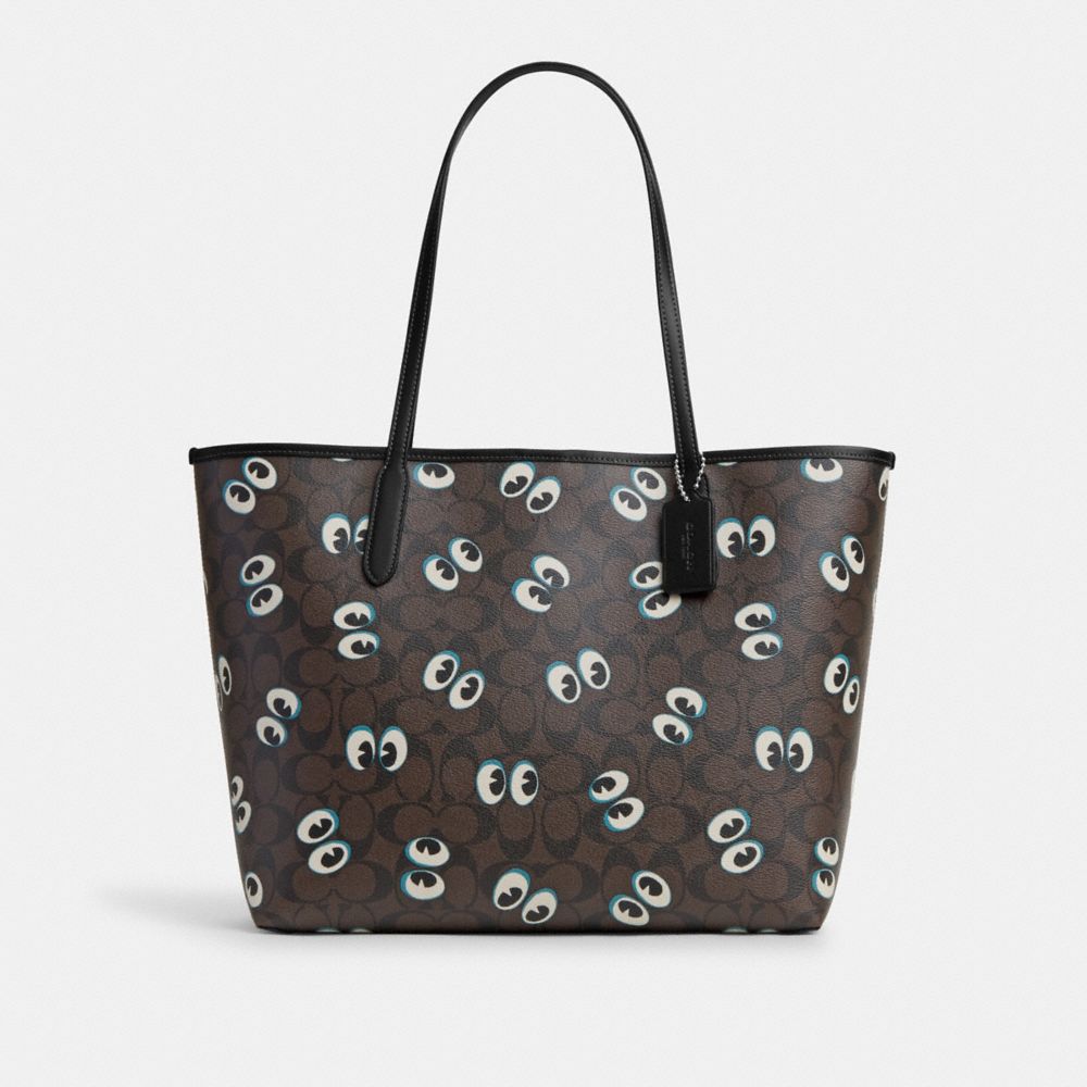 COACH CM758 City Tote In Signature Canvas With Halloween Eyes SILVER/BROWN BLACK MULTI