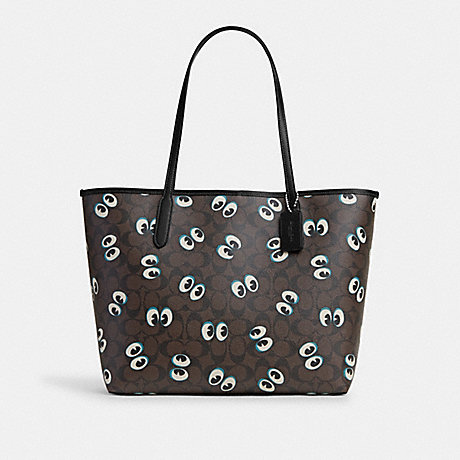 COACH CM758 City Tote In Signature Canvas With Halloween Eyes Silver/Brown-Black-Multi