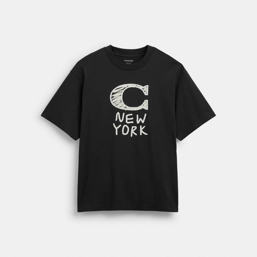 COACH&reg;,Signature T-Shirt In Organic Cotton,Cotton,T Shirt,Logo,Word Embellishment,Casual,Black