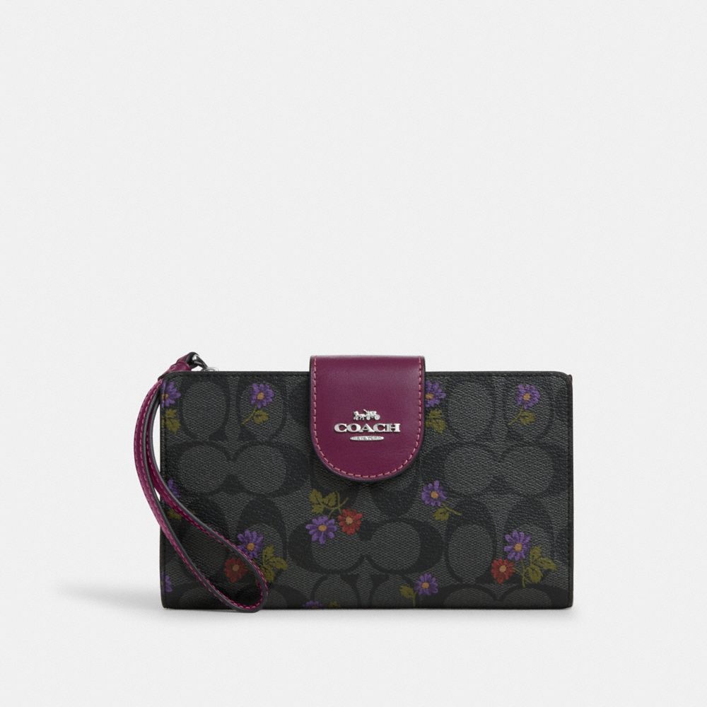 COACH CM838 Phone Wallet In Signature Canvas With Country Floral Print Silver/Graphite/Deep Berry