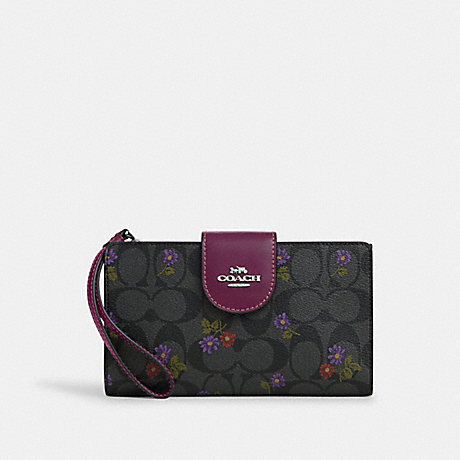 COACH CM838 Phone Wallet In Signature Canvas With Country Floral Print Silver/Graphite/Deep Berry