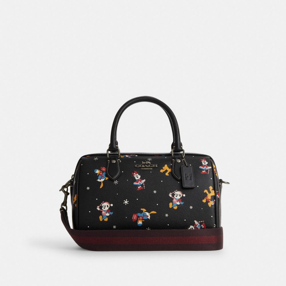 COACH CM849 Disney X Coach Rowan Satchel With Holiday Print Gunmetal/Black Multi