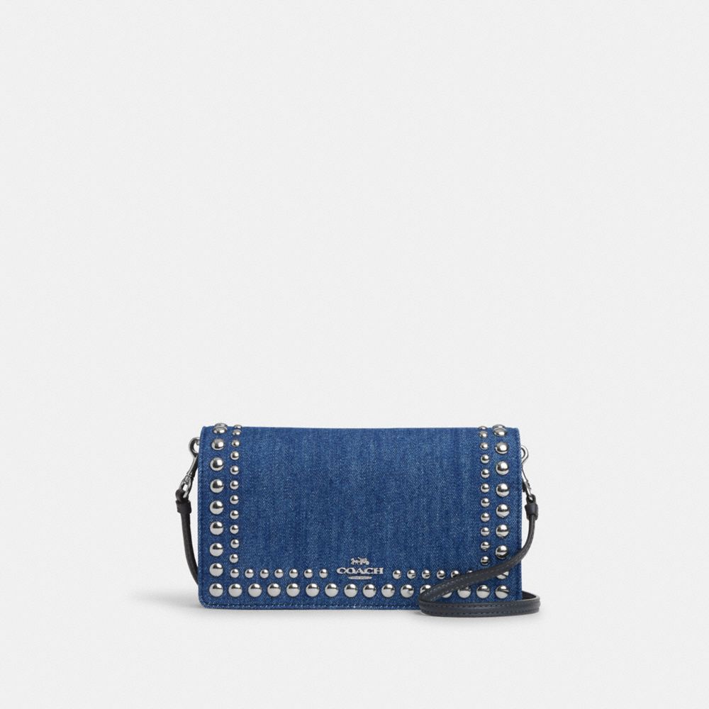 Anna Foldover Clutch Crossbody With Rivets - CM850 - Silver/Denim