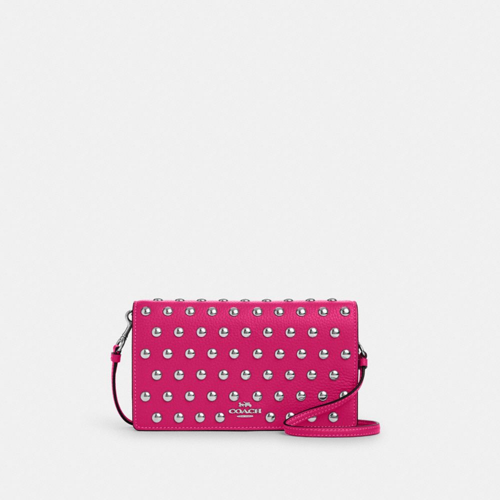 COACH CM851 Anna Foldover Clutch Crossbody With Rivets Silver/Cerise