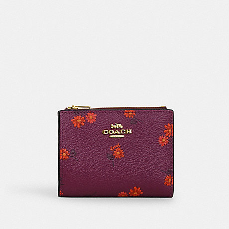 COACH CM853 Bifold Wallet With Country Floral Print Gold/Deep Berry Multi
