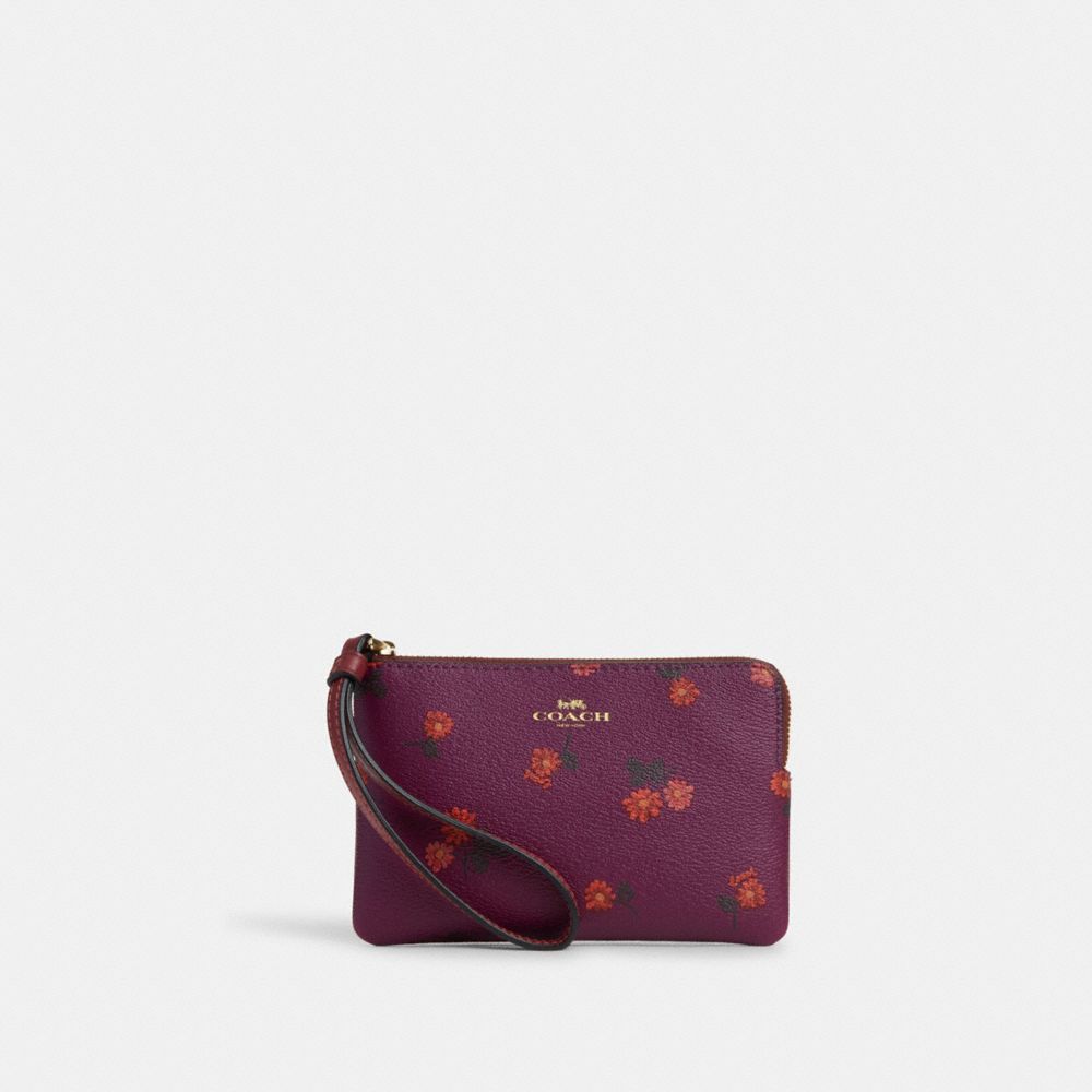 COACH CM866 Corner Zip Wristlet With Country Floral Print Gold/Deep Berry Multi