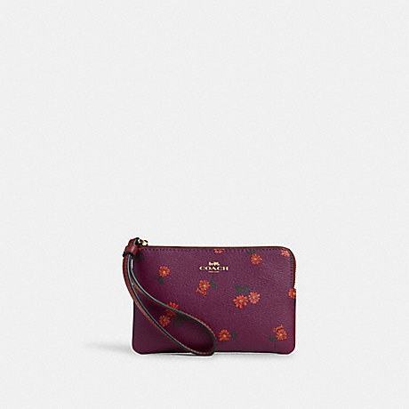 COACH CM866 Corner Zip Wristlet With Country Floral Print Gold/Deep-Berry-Multi
