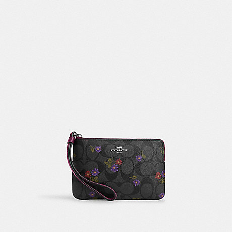 COACH CM867 Corner Zip Wristlet In Signature Canvas With Country Floral Print Silver/Graphite/Deep-Berry