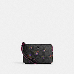 Corner Zip Wristlet In Signature Canvas With Country Floral Print - CM867 - Silver/Graphite/Deep Berry