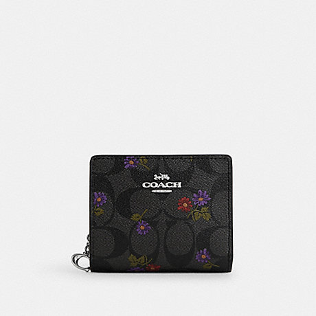 COACH CM973 Snap Wallet In Signature Canvas With Country Floral Print Silver/Graphite/Deep-Berry