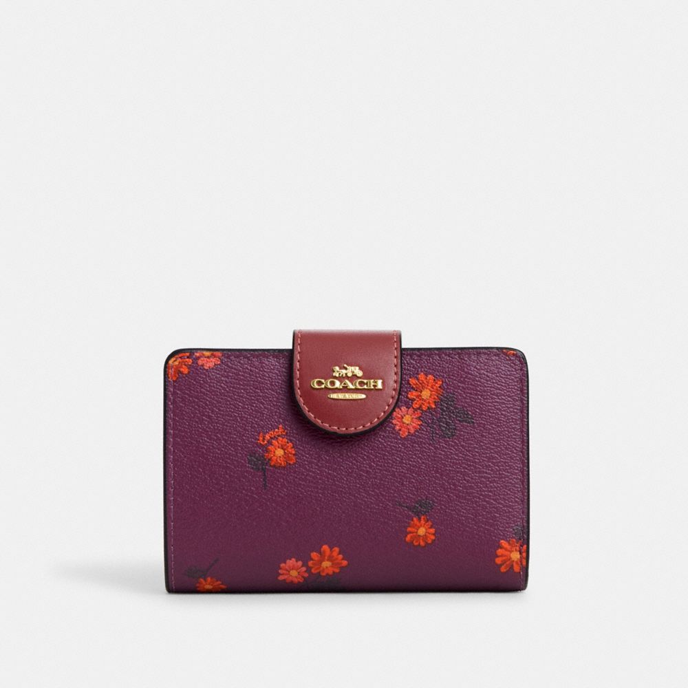 COACH CM984 Medium Corner Zip Wallet With Country Floral Print Gold/Deep Berry Multi