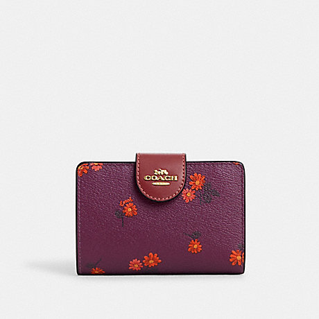 COACH CM984 Medium Corner Zip Wallet With Country Floral Print Gold/Deep-Berry-Multi