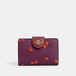 COACH CM984 Medium Corner Zip Wallet With Country Floral Print GOLD/DEEP BERRY MULTI