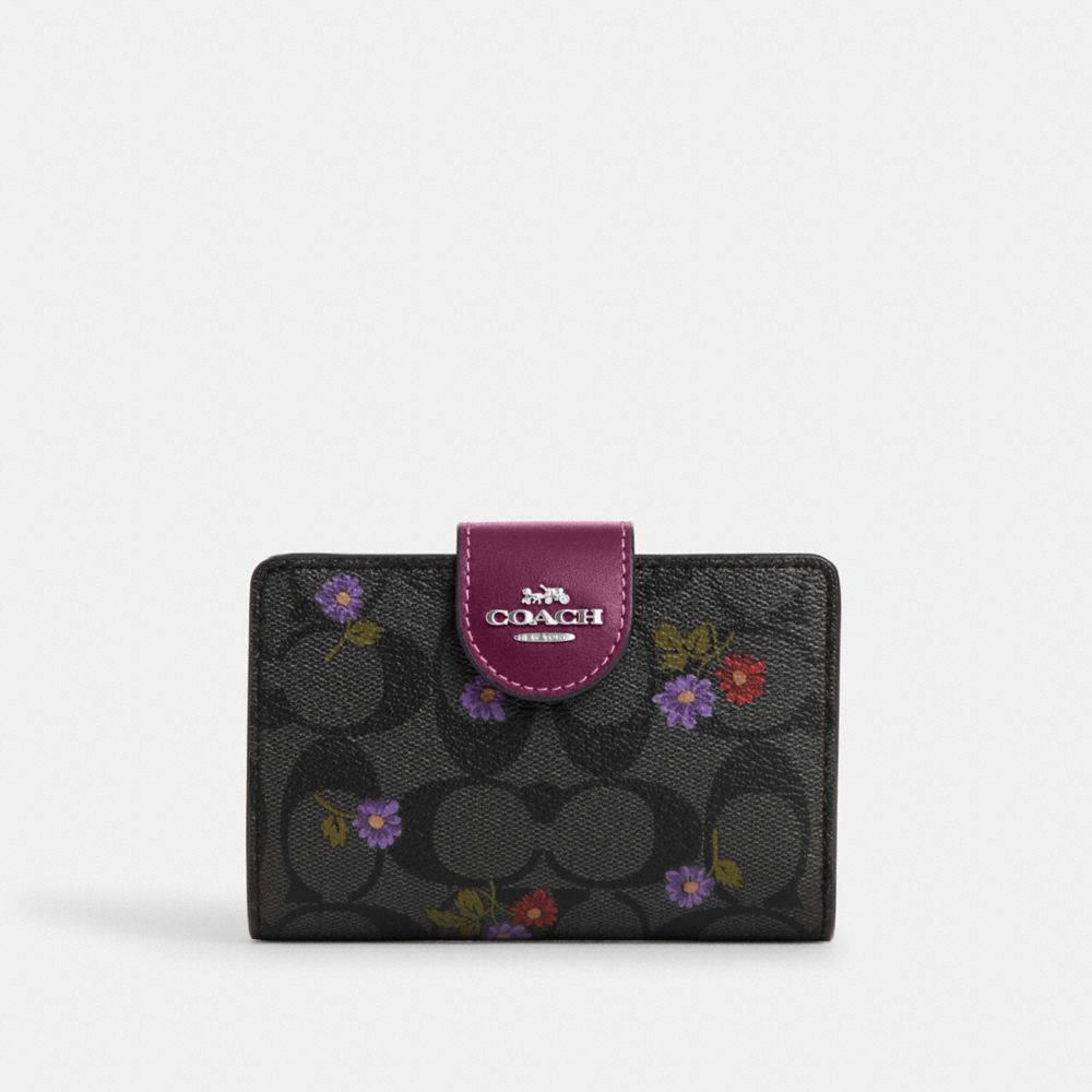 COACH CM986 Medium Corner Zip Wallet In Signature Canvas With Country Floral Print Silver/Graphite/Deep Berry