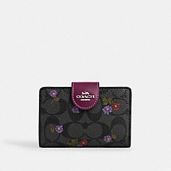 COACH CM986 Medium Corner Zip Wallet In Signature Canvas With Country Floral Print SILVER/GRAPHITE/DEEP BERRY