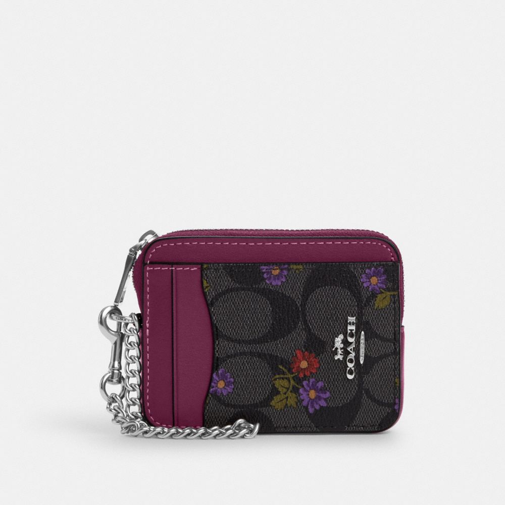 COACH CM991 Zip Card Case In Signature Canvas With Country Floral Print Silver/Graphite/Deep Berry