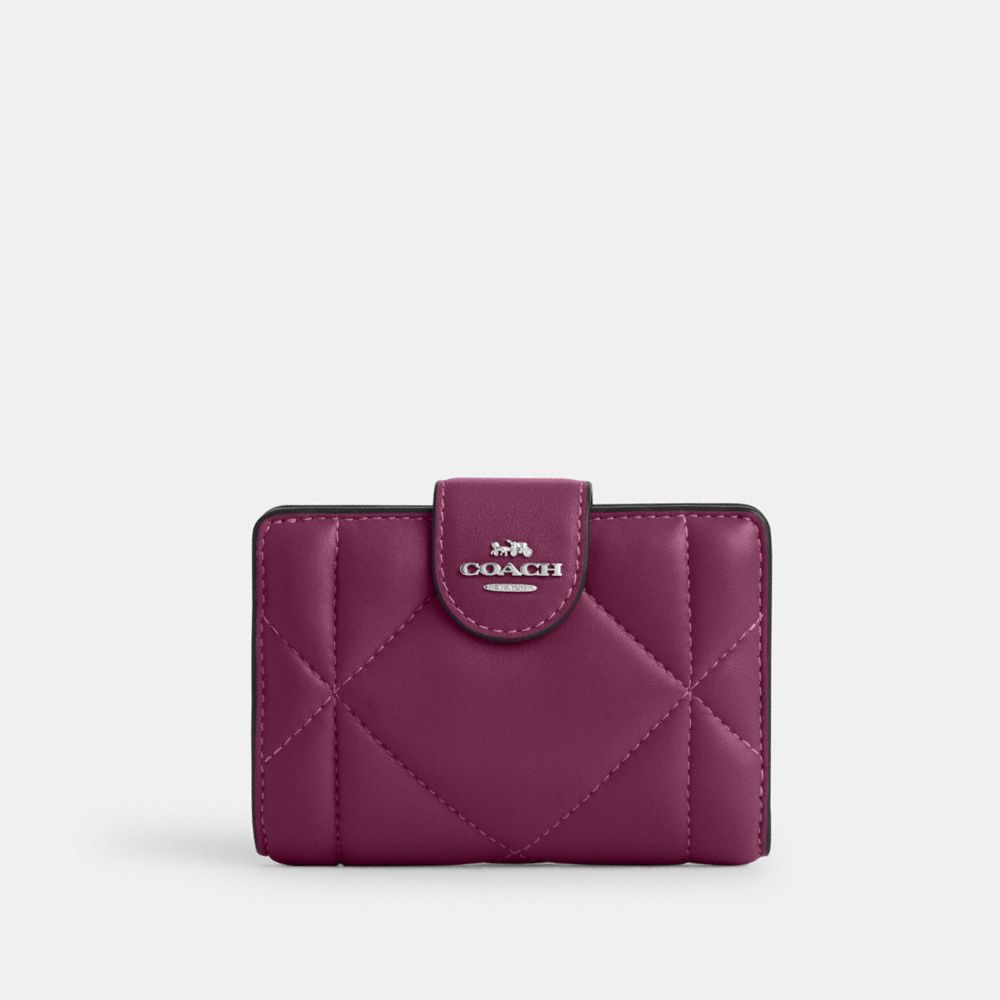 COACH CM997 Medium Corner Zip Wallet With Puffy Diamond Quilting Silver/Deep Berry