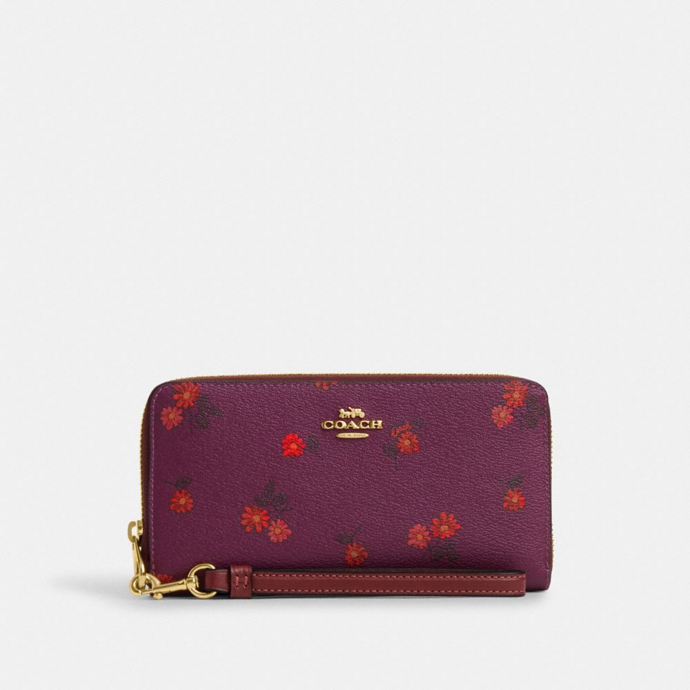 COACH CM999 Long Zip Around Wallet With Country Floral Print GOLD/DEEP BERRY MULTI