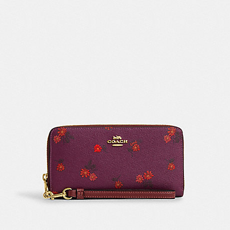 COACH CM999 Long Zip Around Wallet With Country Floral Print Gold/Deep-Berry-Multi