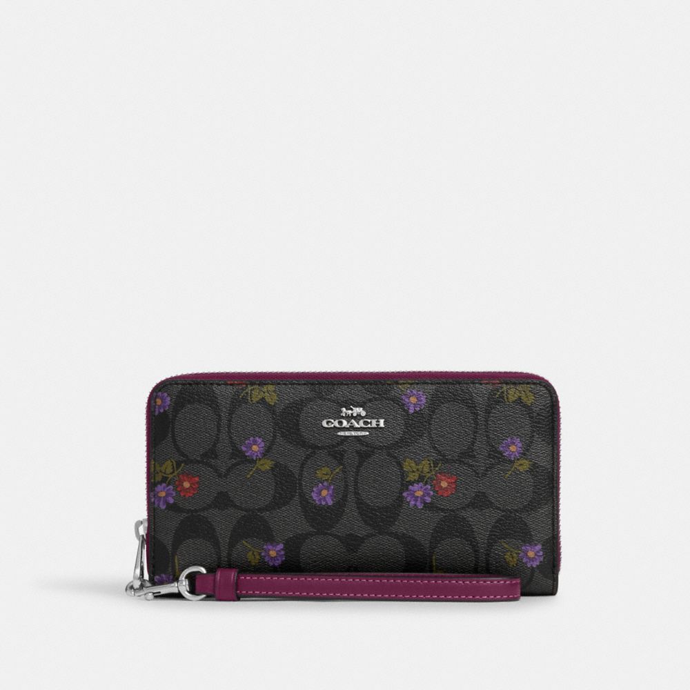 COACH CN000 Long Zip Around Wallet In Signature Canvas With Country Floral Print Silver/Graphite/Deep Berry