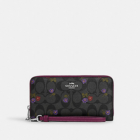 COACH CN000 Long Zip Around Wallet In Signature Canvas With Country Floral Print Silver/Graphite/Deep-Berry