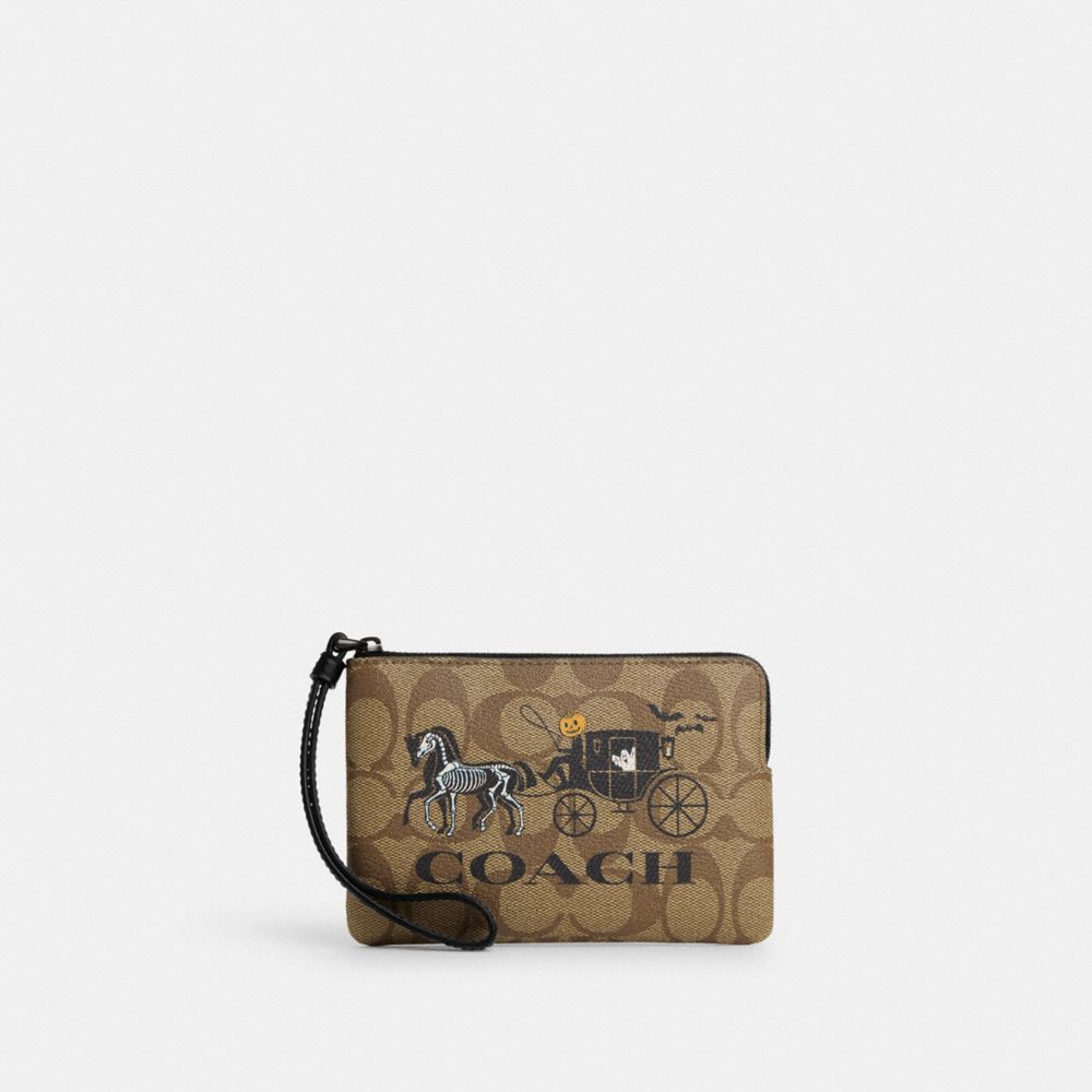 COACH CN006 Corner Zip Wristlet In Signature Canvas With Halloween Horse And Carriage Black Copper/Khaki Black Multi