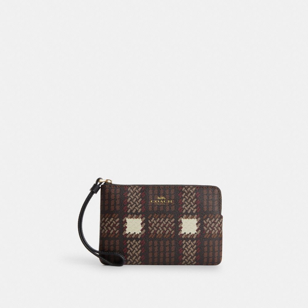 Corner Zip Wristlet With Brushed Plaid Print - CN012 - Gold/Brown Multi