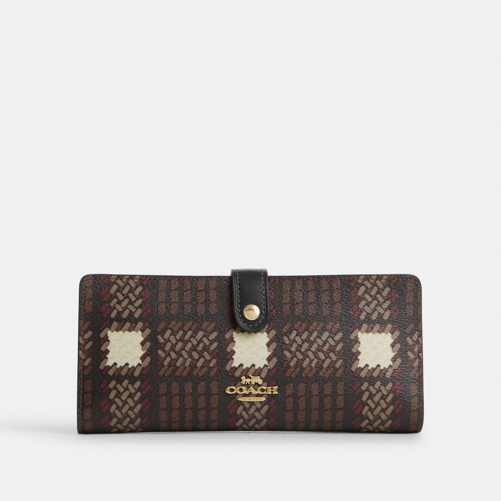 Slim Wallet With Brushed Plaid Print - CN015 - Gold/Brown Multi