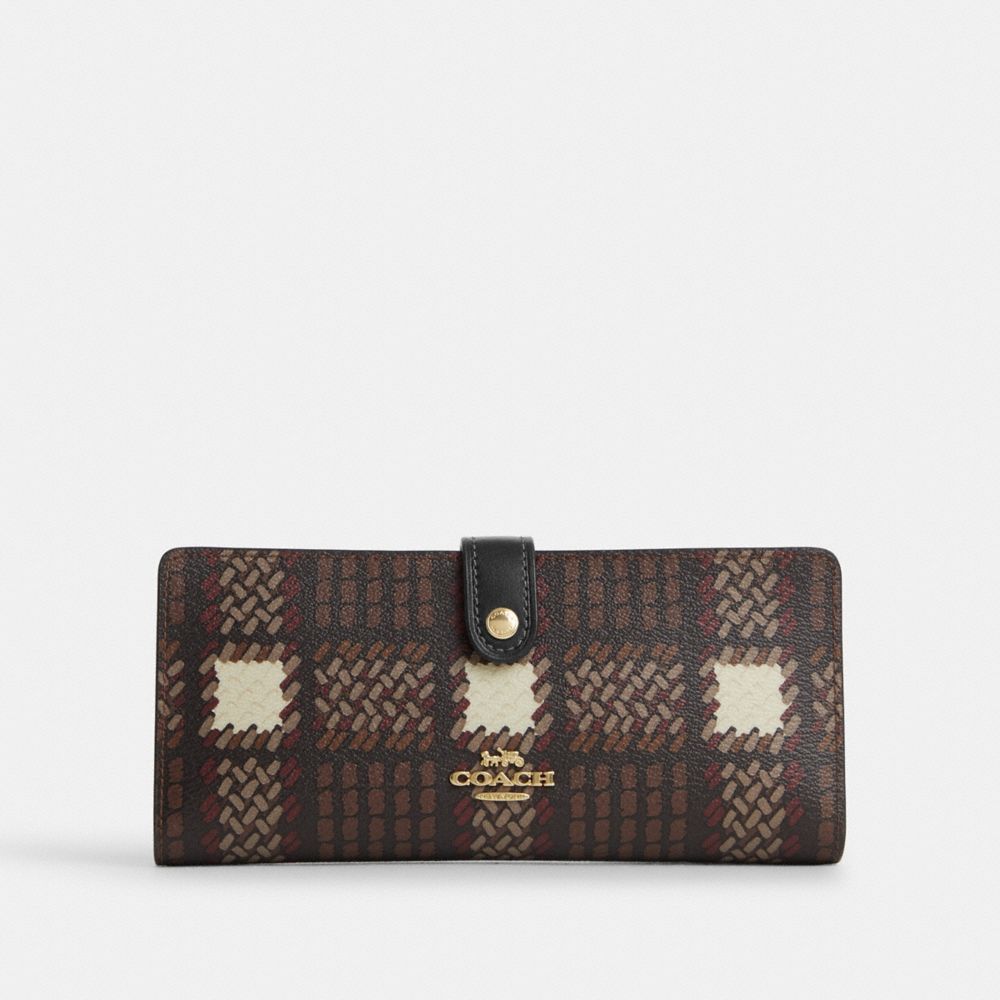 COACH CN015 Slim Wallet With Brushed Plaid Print GOLD/BROWN MULTI