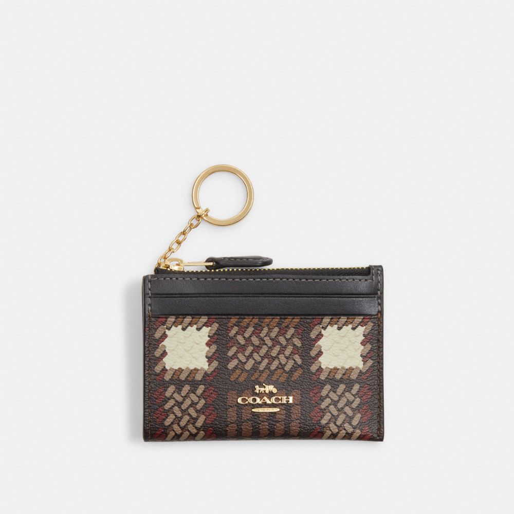 COACH CN018 Mini Skinny Id Case With Brushed Plaid Print Gold/Brown Multi