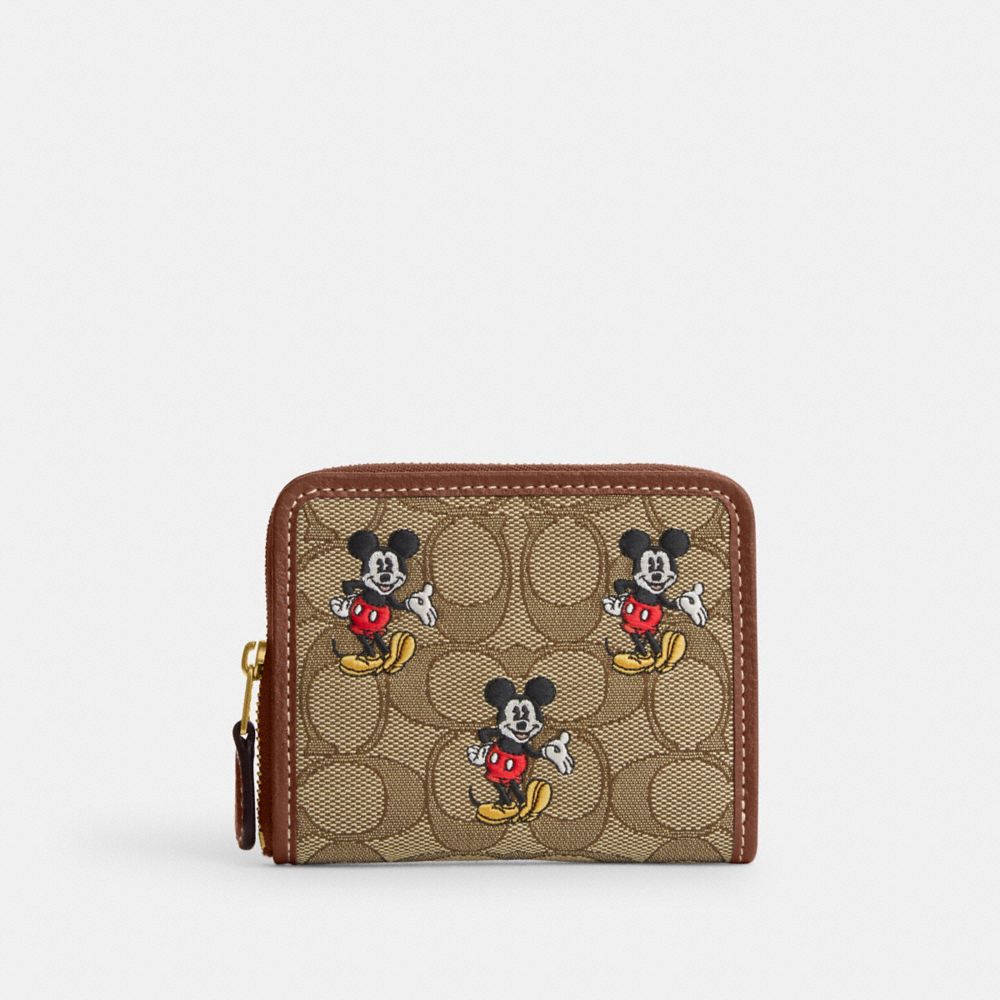 Disney X Coach Small Zip Around Wallet In Signature Jacquard With Mickey Mouse Print - CN035 - Brass/Khaki/Redwood Multi