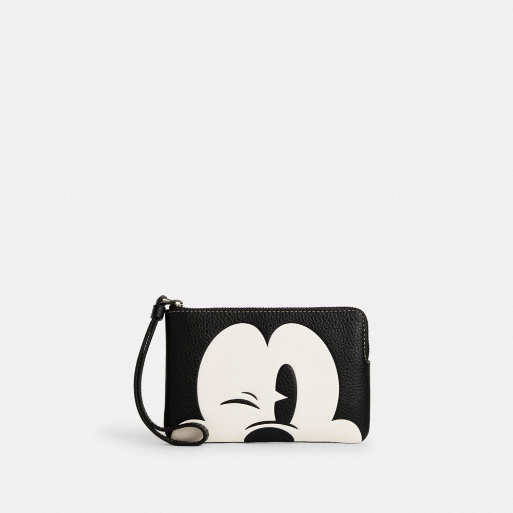 COACH CN041 Disney X Coach Corner Zip Wristlet With Wink Mickey Mouse Gunmetal/Black Multi