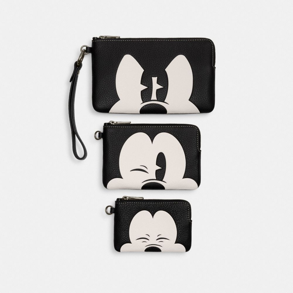 COACH CN042 Disney X Coach Corner Zip Trio With Mickey Mouse Faces GUNMETAL/BLACK MULTI