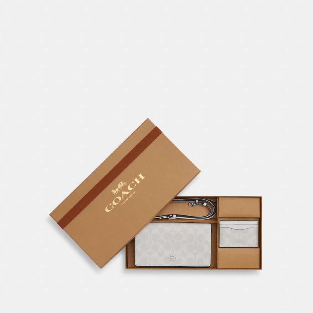 Boxed Anna Foldover Clutch Crossbody And Card Case Set In Signature Canvas - CN043 - Silver/Chalk/Glacier White Multi