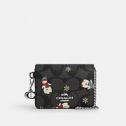 Boxed Mini Wallet On A Chain In Signature Canvas With Snowman Print - CN047 - Silver/Graphite/Black Multi