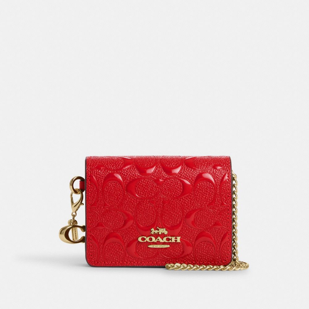 Boxed Mini Wallet On A Chain In Signature Leather - CN050 - Gold/Electric Red