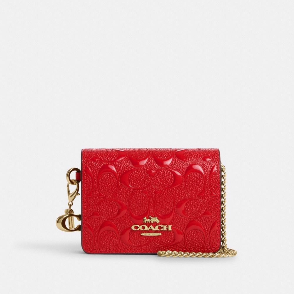 COACH CN050 Boxed Mini Wallet On A Chain In Signature Leather GOLD/ELECTRIC RED