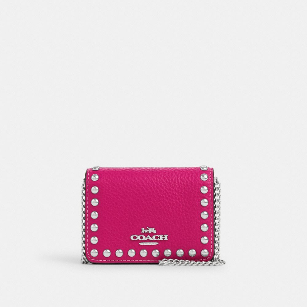 COACH CN355 Mini Wallet On A Chain With Rivets Silver/Cerise