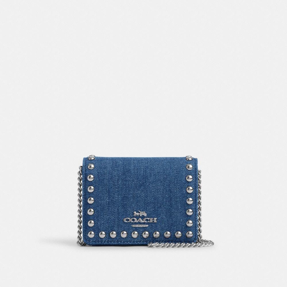 Mini Wallet On A Chain With Rivets - CN356 - Silver/Denim