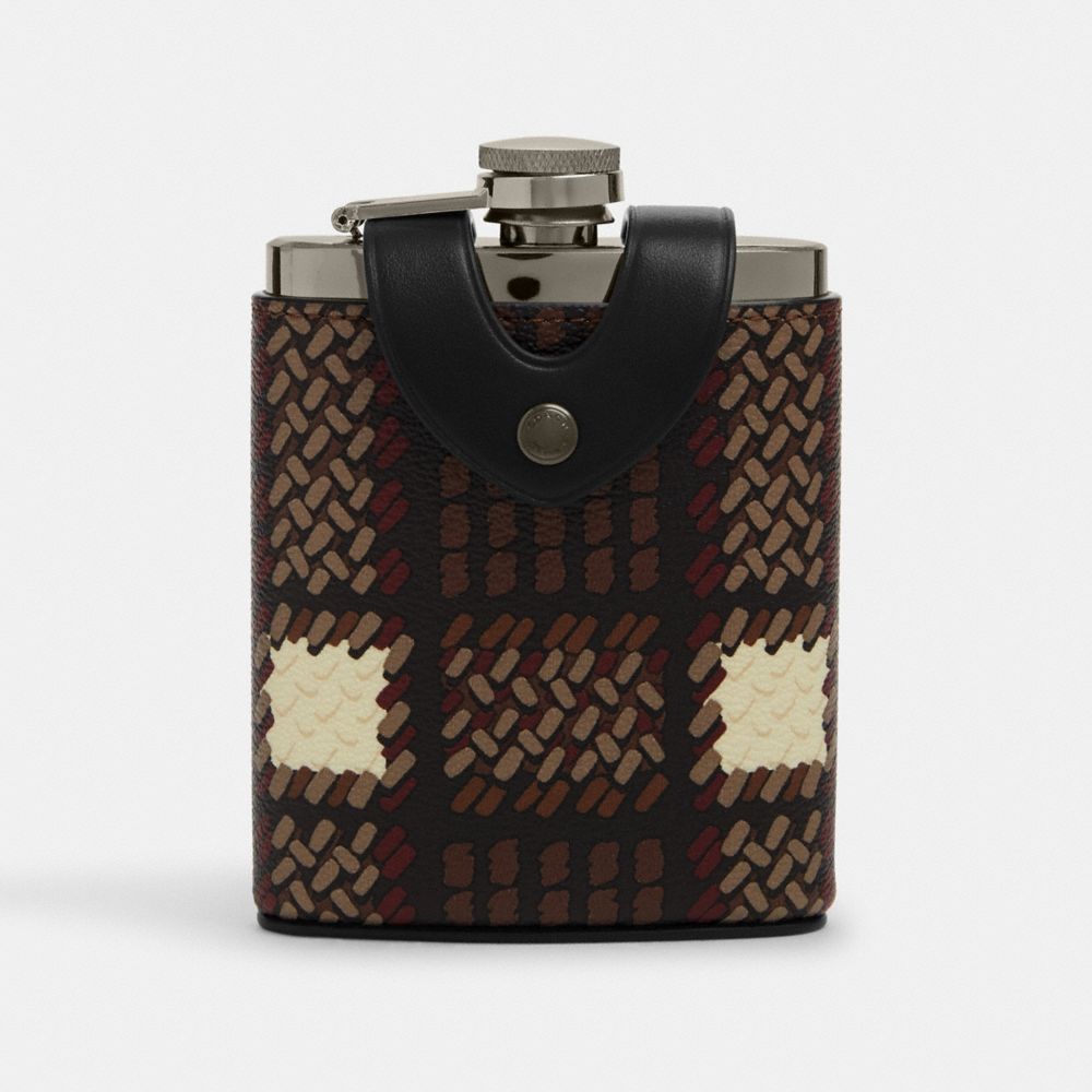 COACH CN416 Flask With Plaid Print Gunmetal/Black Multi