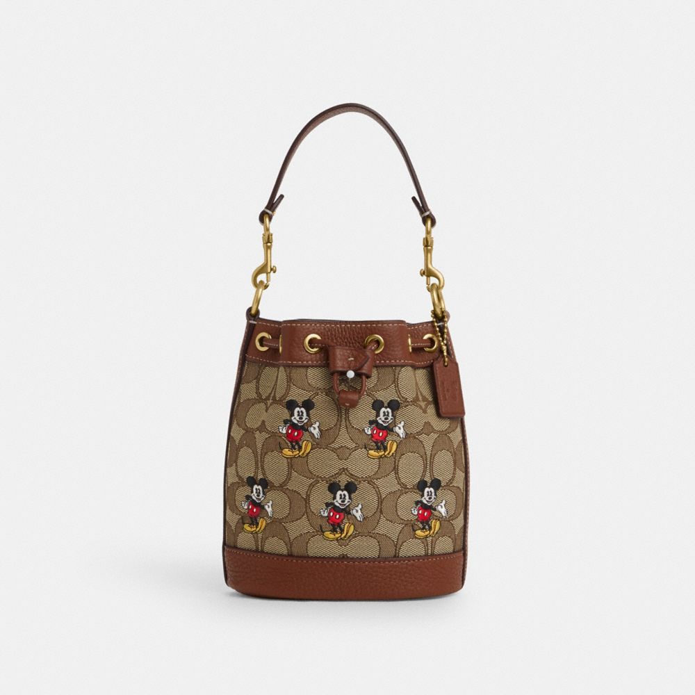 COACH CN499 Disney X Coach Mini Dempsey Bucket Bag In Signature Jacquard With Mickey Mouse Print BRASS/KHAKI/REDWOOD MULTI