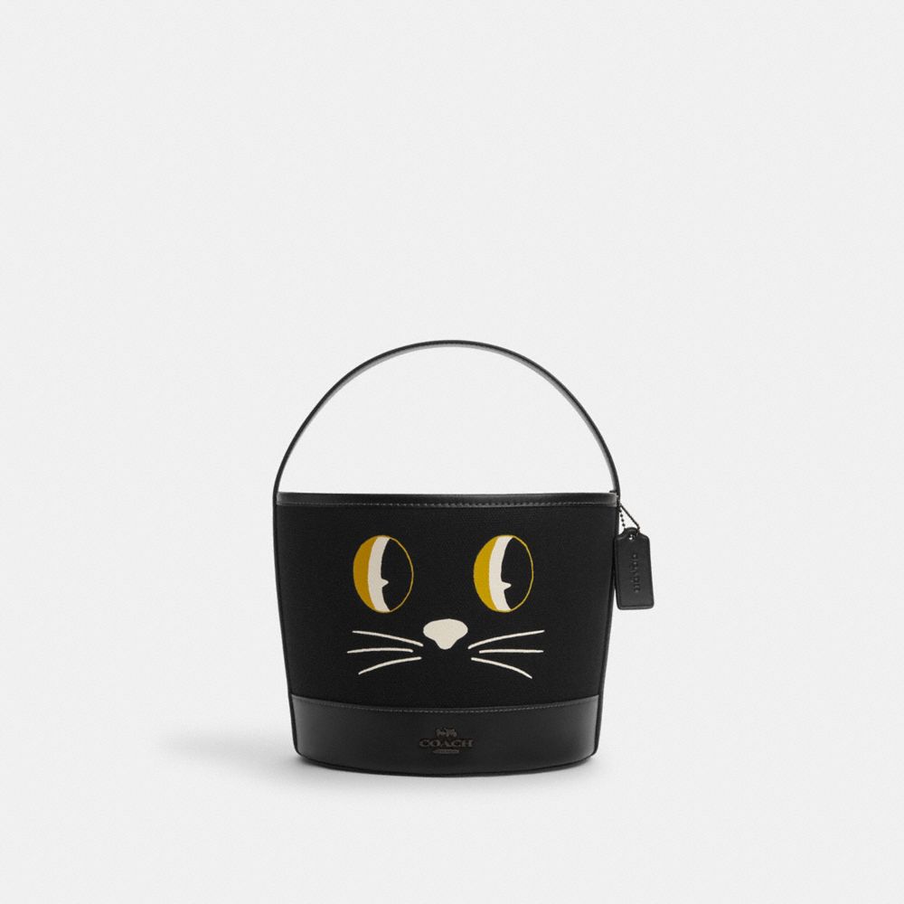 Trick Or Treat Bucket In Signature Canvas With Halloween Cat - CN574 - Black Copper/Black Multi