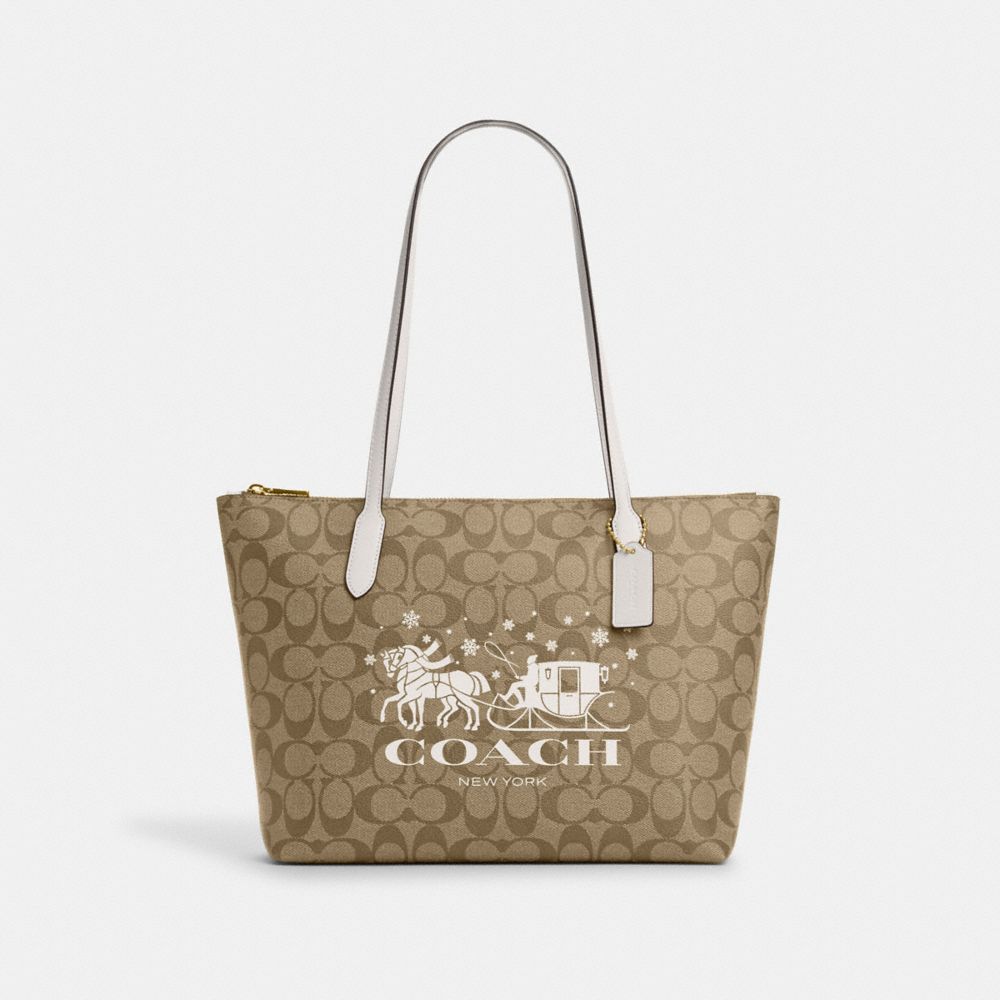 COACH CN626 Zip Top Tote In Signature Canvas With Horse And Sleigh Gold/Khaki/Chalk