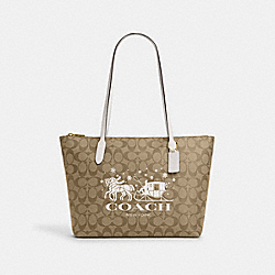 Zip Top Tote In Signature Canvas With Horse And Sleigh - CN626 - Gold/Khaki/Chalk