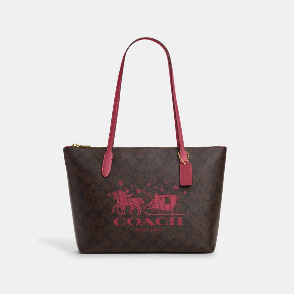 COACH CN626 Zip Top Tote In Signature Canvas With Horse And Sleigh Im/Brown/Rouge