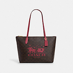 Zip Top Tote In Signature Canvas With Horse And Sleigh - CN626 - Im/Brown/Rouge