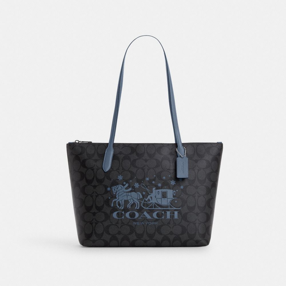 Zip Top Tote In Signature Canvas With Horse And Sleigh - CN626 - Silver/Graphite/Light Mist